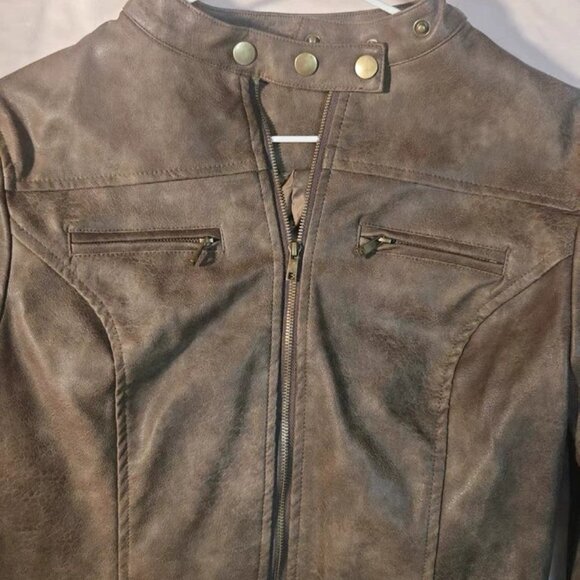 Brown Grunge Biker Jacket Stud Collar - Picture 8 of 9